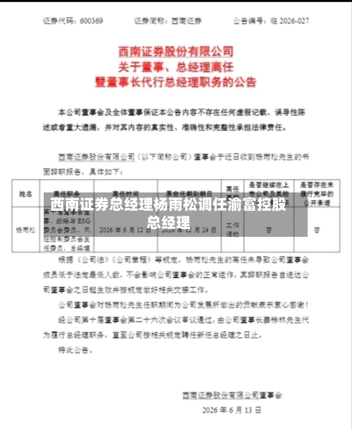 西南证券总经理杨雨松调任渝富控股总经理-第3张图片