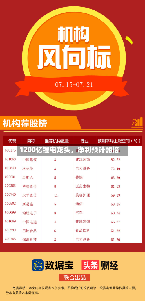 1200亿锂电龙头	，净利预计翻倍-第2张图片
